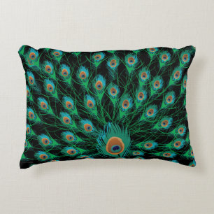 Illustratie met Peacock-veren op zwart Accent Kussen