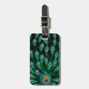 Illustratie met Peacock-veren op zwart Bagagelabel