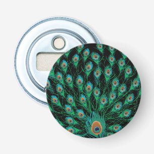 Illustratie met Peacock-veren op zwart Button Flesopener
