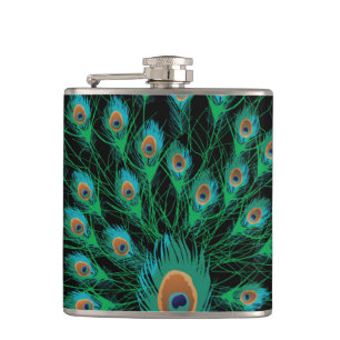 Illustratie met Peacock-veren op zwart Heupfles