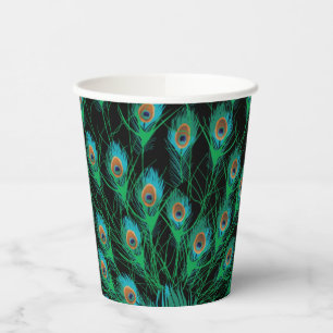 Illustratie met Peacock-veren op zwart Papieren Bekers