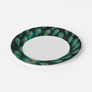 Illustratie met Peacock-veren op zwart Papieren Bordje