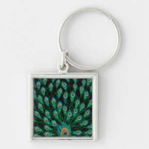 Illustratie met Peacock-veren op zwart Sleutelhanger