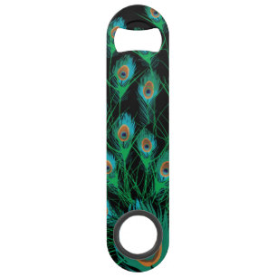Illustratie met Peacock-veren op zwart Speed Flessenopener