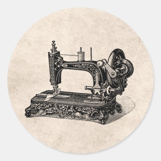  illustratie naaimachine 1800s ronde sticker (Voorkant)
