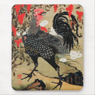 Illustratie Nandina en Rooster door Ito Jakuchu Muismat