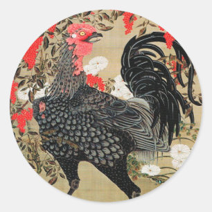 Illustratie Nandina en Rooster door Ito Jakuchu Ronde Sticker