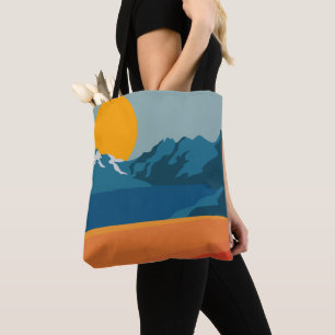 Illustratie Oranje blauw landschap van Retro Mount Draagtas