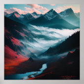 Illustratie rood blauw van het berglandschap van R Poster (Voorkant)