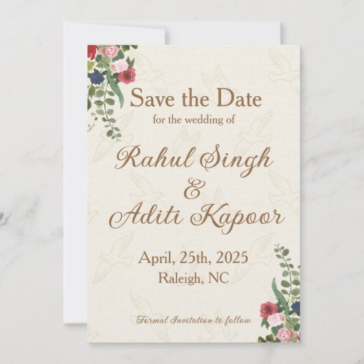 Illustratie rood en goud Indiaas paar Save The Date (Achterkant)