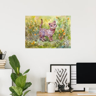 Illustratie Schattige Kitten Tuin Vlinderbloemen Poster