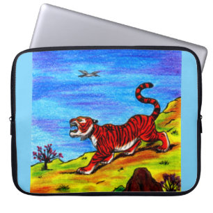 Illustratie schilderen van tijger en vliegende vog laptop sleeve