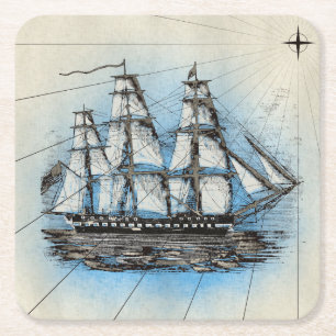 illustratie Tall Ship Nautical Illustration Vierkante Kartonnen Onderzetter
