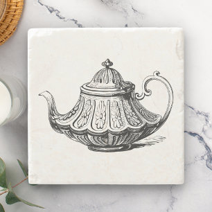 Illustratie van antieke theepot stenen onderzetter