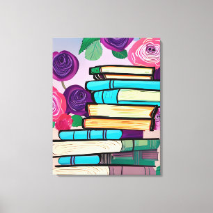 Illustratie van boeken en bloemen digitale kunst canvas afdruk