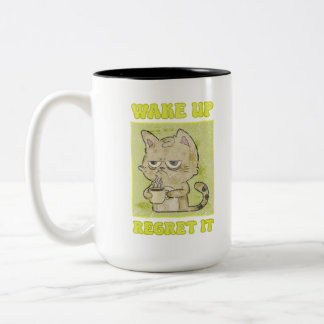Illustratie van chagrijnige kat - Wakker worden en Tweekleurige Koffiemok