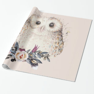 Illustratie van Chic Pastel Flower Owl Animal Boho Cadeaupapier