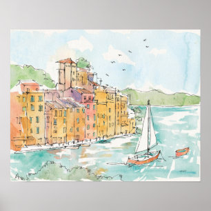 Illustratie van de haven van Porofino met zeilboot Poster