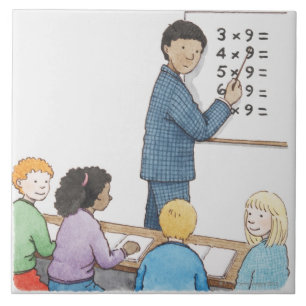 Illustratie van de leraar die wijst op simpel tegeltje