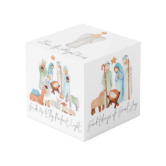 Illustratie van de nativiteitsscène Carol Lyrics K Kubus (Voorkant hoekig)