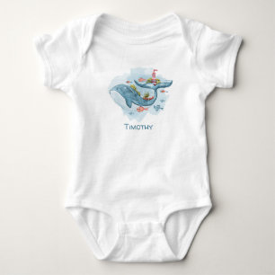 Illustratie van de walvis, vis en vuurtoren romper