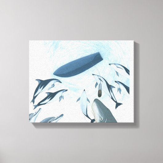 Illustratie van dolfijnen die naar een boot kijken canvas afdruk (Voorkant)