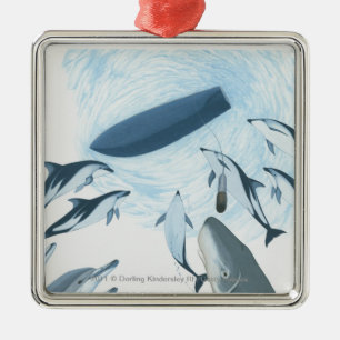 Illustratie van dolfijnen die naar een boot kijken metalen ornament