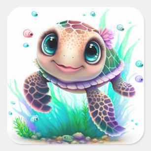 Illustratie van een Aardige Baby Zeeschildpad – Ad Vierkante Sticker