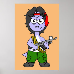 Illustratie van een brontosaurus verkleed als Ramb Poster