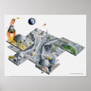 Illustratie van een futuristische basis op de maan poster