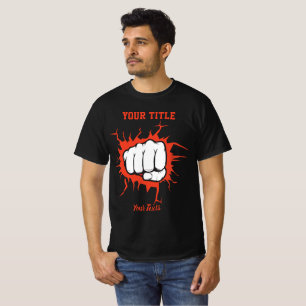 Illustratie van een gebalde vuist die door een muu t-shirt
