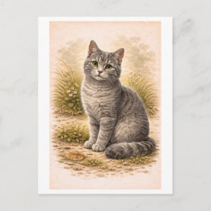 Illustratie van een grijze kat in vintage stijl briefkaart