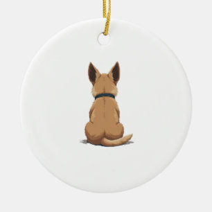 Illustratie van een hond van achteren met grote or keramisch ornament