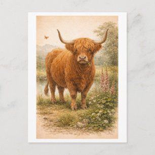 Illustratie van een hooglandkoe in vintage stijl briefkaart