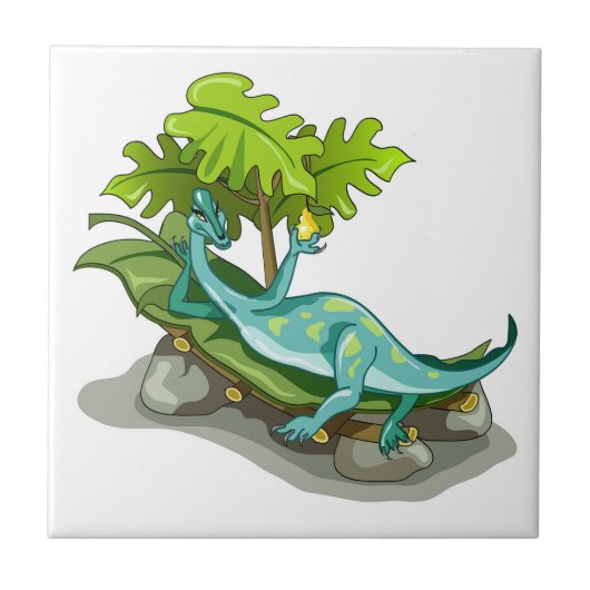 Illustratie van een Iguanodon zonnebaden. Tegeltje (Voorkant)