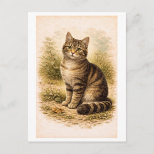 Illustratie van een kat met tabbypatroon in vintag briefkaart