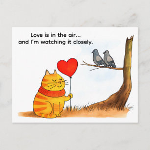 Illustratie van een knuffelkat met hartballon briefkaart
