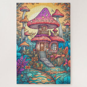 Illustratie van een leuk psychedelisch paddo huis legpuzzel