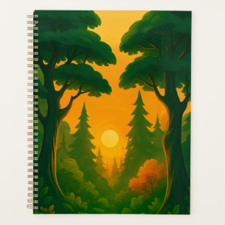 Illustratie van een levendig bos bij zonsondergang planner