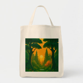 Illustratie van een levendig bos bij zonsondergang tote bag