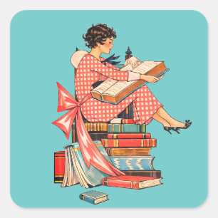 Illustratie van een liefhebber van oude boeken die vierkante sticker