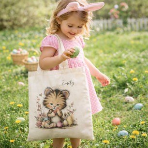 Illustratie van een lieve baby tijger met Pasen Tote Bag