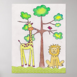 Illustratie van een lieve giraffe en leeuw voor ki poster