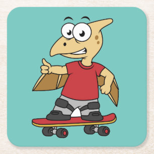 Illustratie van een pterosaurus skateboarden. vierkante kartonnen onderzetter