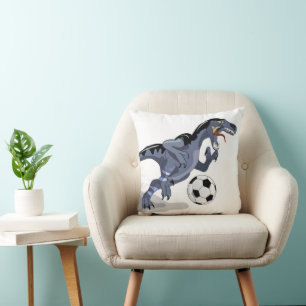 Illustratie van een raptor dinosaurus die voetbal kussen