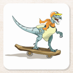 Illustratie van een raptor skateboarden. vierkante kartonnen onderzetter