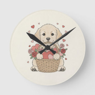 Illustratie van een schattige puppy met hart en ro ronde klok