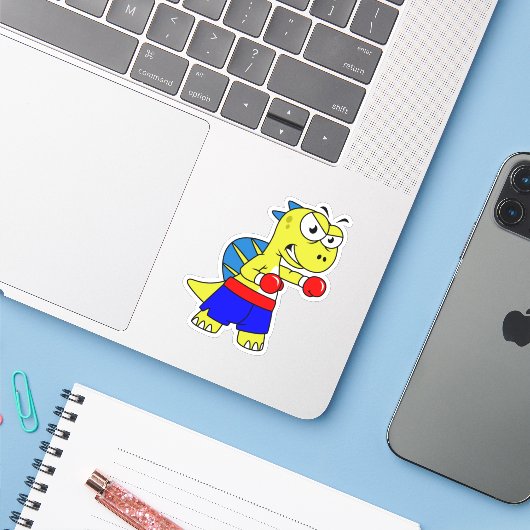 Illustratie van een Spinosaurus boksen. Sticker (Laptop met iPhone)
