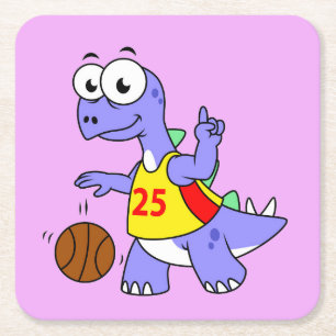 Illustratie van een Stegosaurus die basketbal spee Vierkante Kartonnen Onderzetter