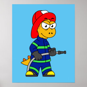 Illustratie van een Tyrannosaurus Rex brandweerman Poster